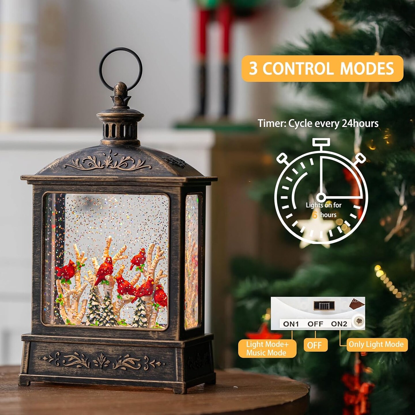 12.5'' Snow Globe Lantern Six Cardinal Perched on Branch Musical Christmas Water Lantern Swirling Glittering Home Decoration and Gift, Battery Operated or USB Powered