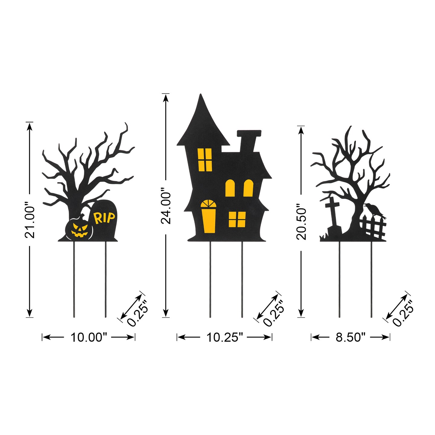 24&#x22;H Set of 3 Halloween Metal Silhouette Haunted House and Ghost Tree Yard Stake or Hanging Decor (KD, Two function)