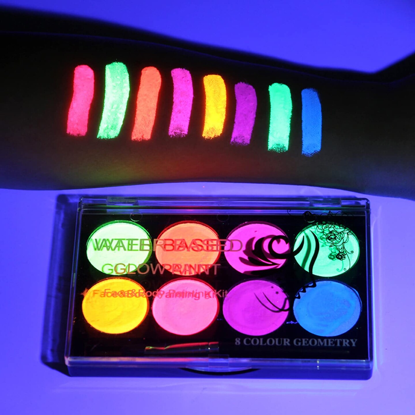 MEICOLY Glow UV Blacklight Face Paint  8 Bright Colors Neon Fluorescent Rave Body Paint Palette Water Activated Eyeliner Water Based Glow In The Dark Halloween Washable for Kids Adult Body Painting