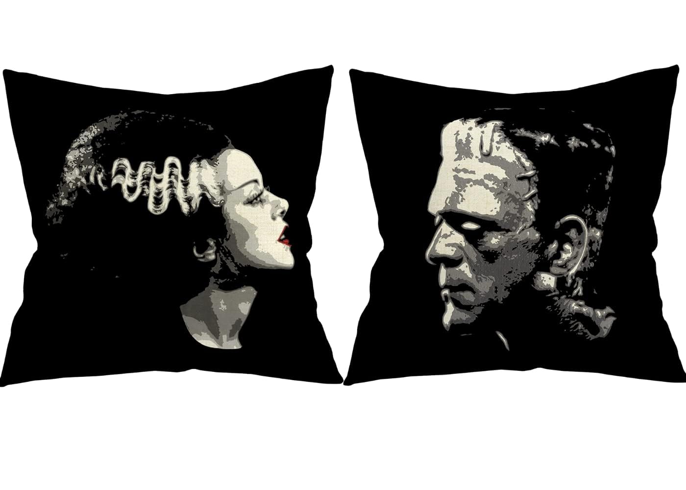 TOSOENPHY Halloween Decorations Indoor Pillow Covers 18x18 Set of 2 - Double Sides Painted Bride of Frankenstein Halloween Decor - Gothic Bedding Classic Goth Horror Movie Merchandise  Linen