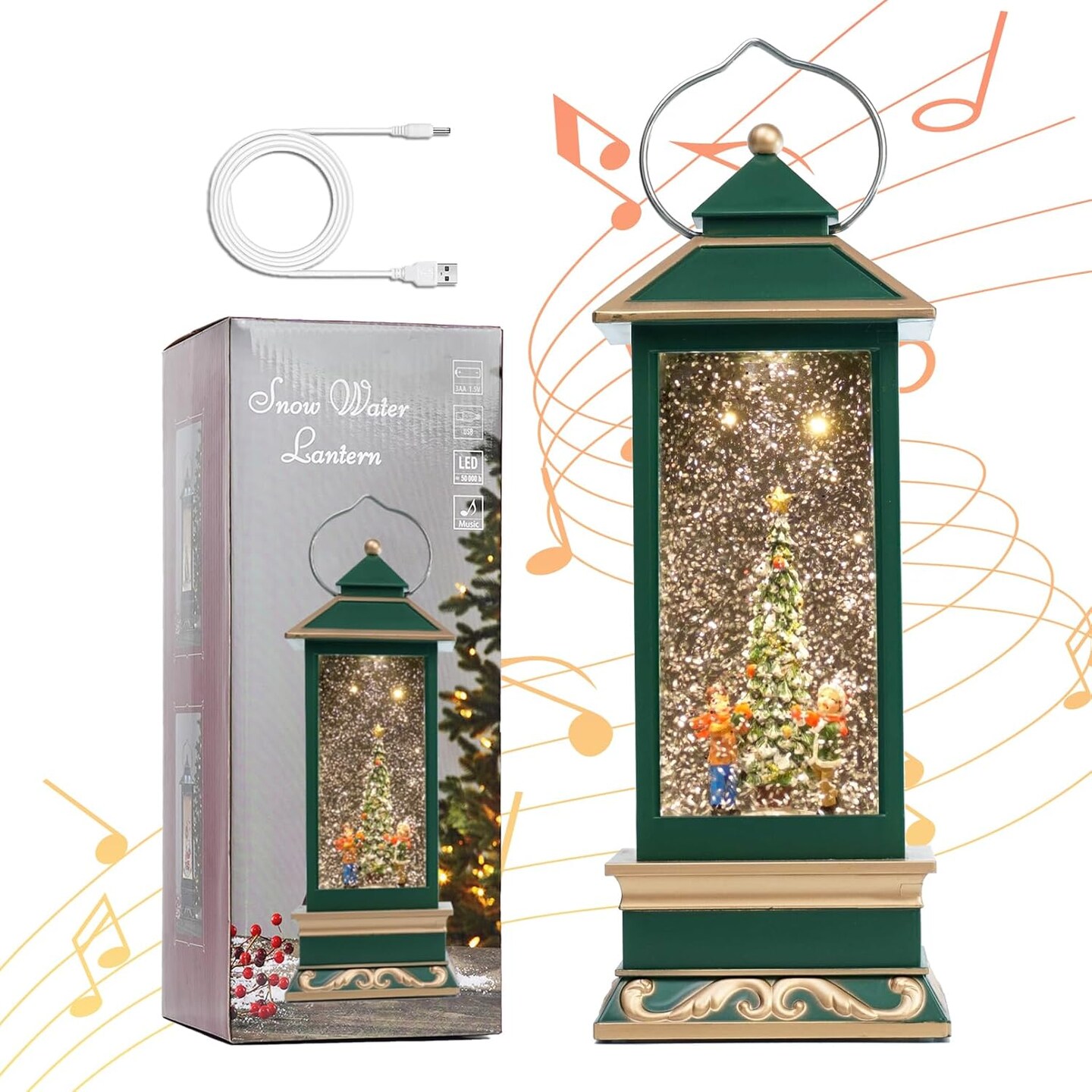 12&#x22; Christmas Snow Globe Lantern with Christmas Tree - Water Swirling Glitter LED Light Lantern with Music - Vintage Xmas Gifts - USB Plug or Battery Operated Home Decor (Christmas Tree)
