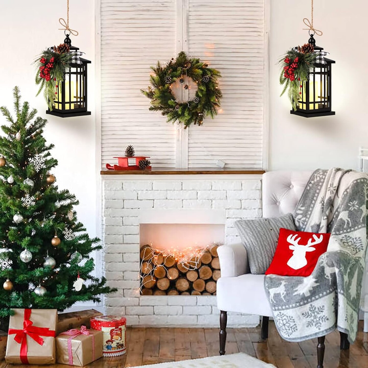 Metal Christmas Vintage Candle Lanterns with Led Light,Plaid Ribbon Decorative Hanging Lantern for Indoor Outdoor Decorations Party Gift,WOKEISE