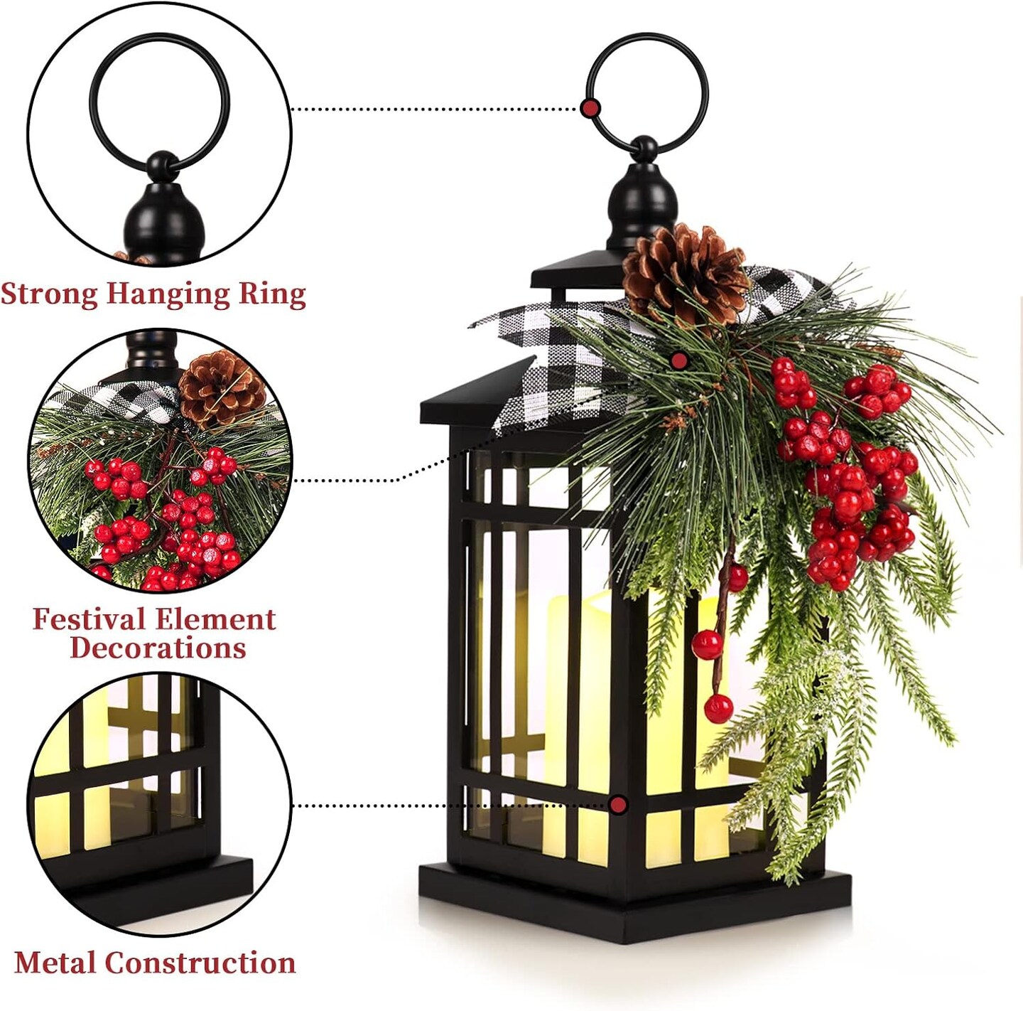 Metal Christmas Vintage Candle Lanterns with Led Light,Plaid Ribbon Decorative Hanging Lantern for Indoor Outdoor Decorations Party Gift,WOKEISE