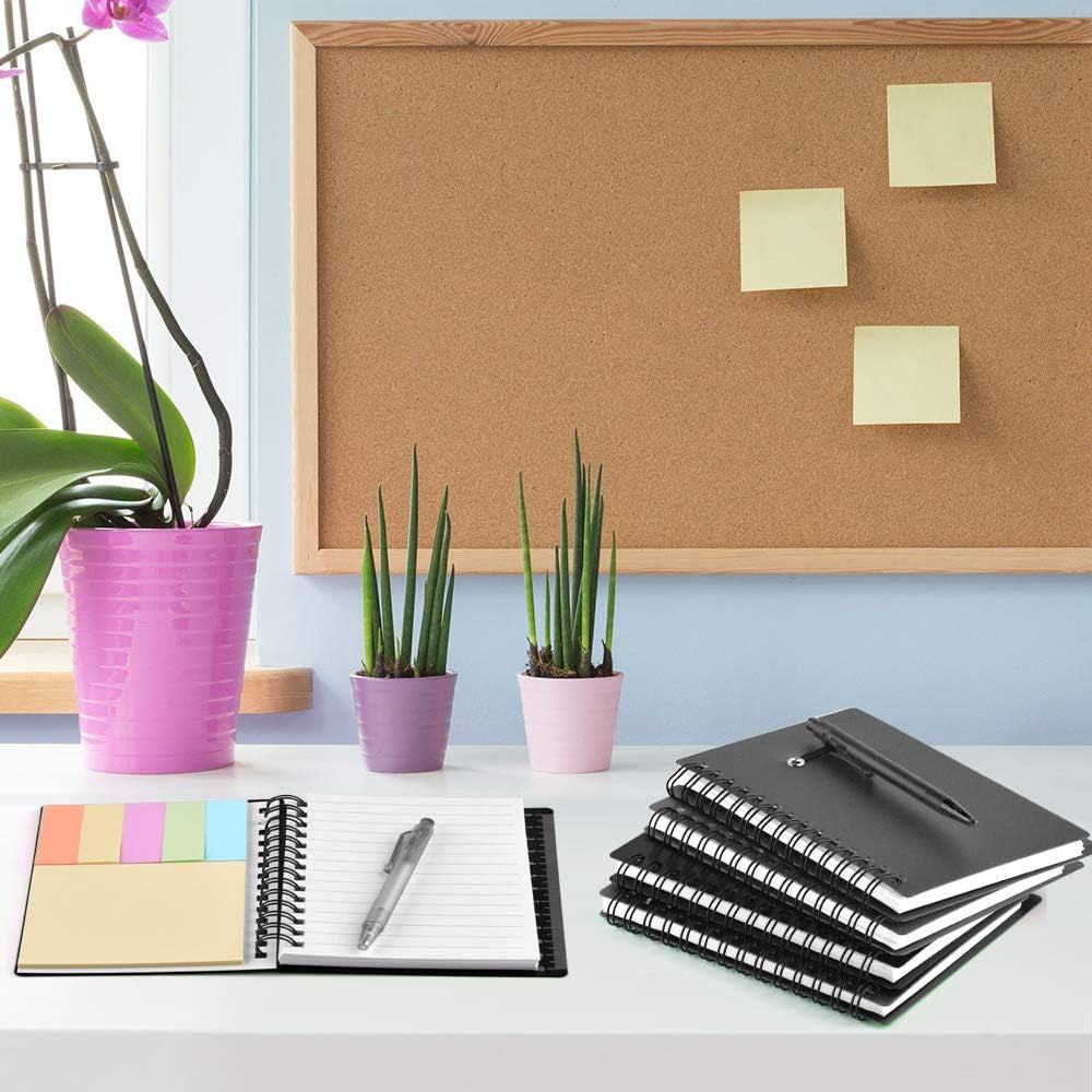 4 Pieces Spiral Notebook Steno Pocket Notepad with Pen in Holder and Sticky Notes, Page Marker Index Tabs Flags Making Plans Writing Memos Office School Supplies (Black)