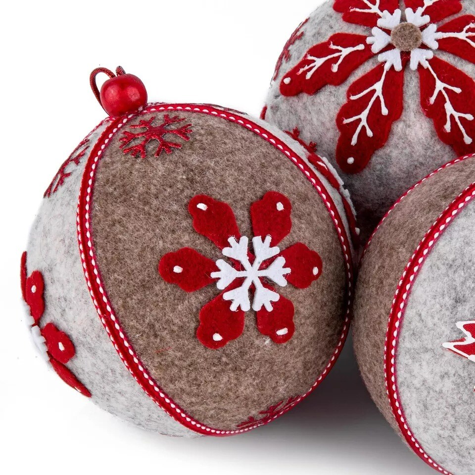 SET OF 3 RED FELT CHRISTMAS ORNAMENTS - HANDMADE BAUBLES HOLIDAY BALLS DECOR 4&#x22;