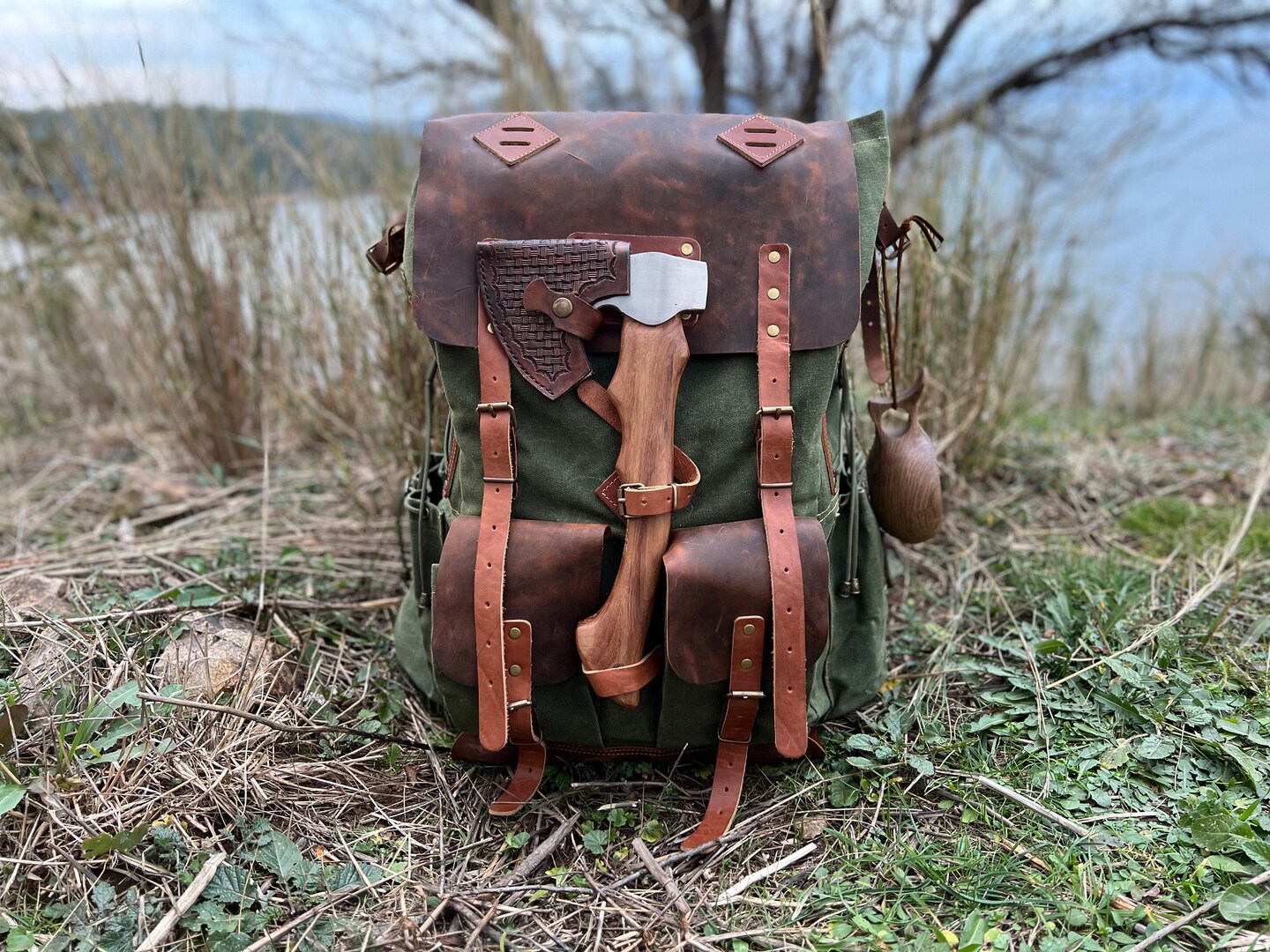 50L Camping Backpack Bushcraft Backpack Brown Green Handmade Leather Canvas Rucksack Camping Bushcraft Personalization MakerPlace by Michaels