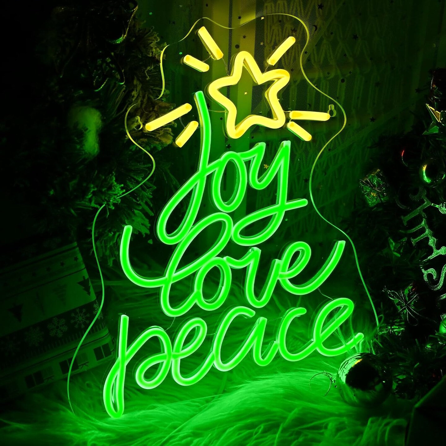 Christmas Tree Neon Sign, Xmas Trees Peace Love Joy Christmas Decoration, USB Powered Led Merry Christmas Neon Light Up Sign for Wall Decor, Xmas Led Sign for Home Holiday Gift New Year Party Backdrop