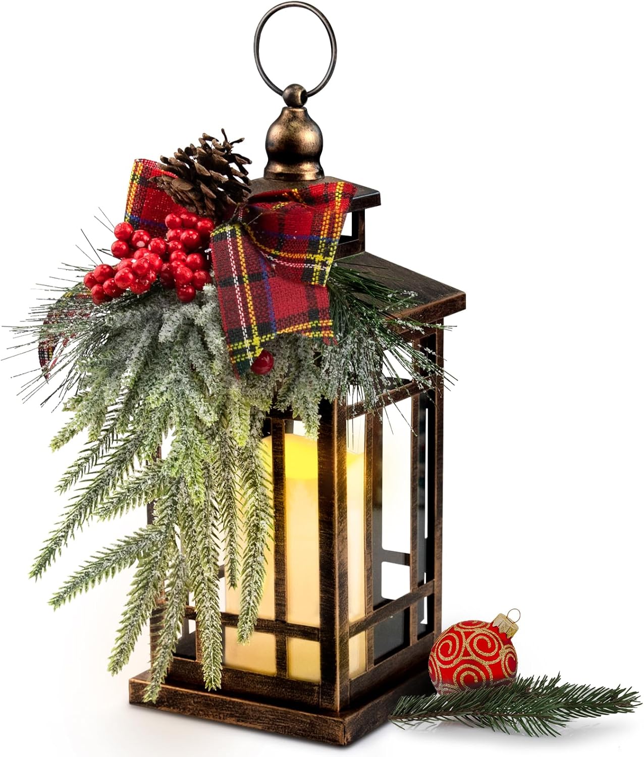 Christmas Lanterns Decorative Indoor with LED Candle Christmas Centerpieces Table Decor ,14IN Outdoor Christmas Vintage Lantern with Xmas Ornament for Home Indoor Holiday Party Decorations