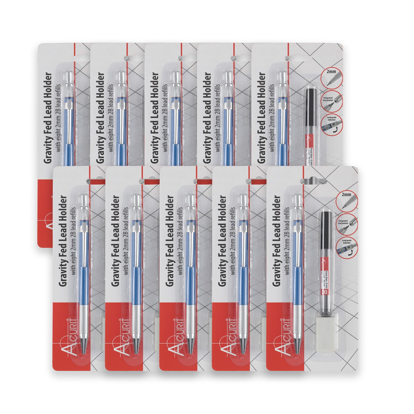 Acurit 0.5mm Drafting Pencil with Pack of 2B Refill Leads - Value Pack of 10 - Drawing Mechanical Pencils for Artists, Drafters, and Engineers - Metal Threaded Anti-Skid Grip, Lead Grade Indicator