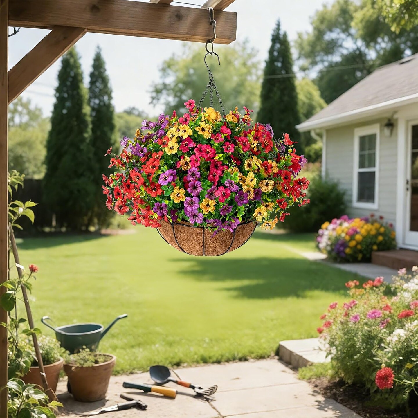 Artificial Hanging Flower Basket for Outdoors, UV Resistant Faux