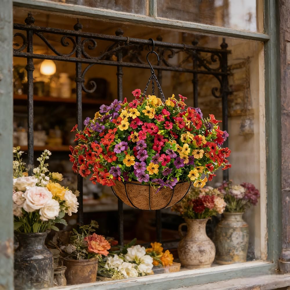 Artificial Hanging Flower Basket for Outdoors, UV Resistant Faux