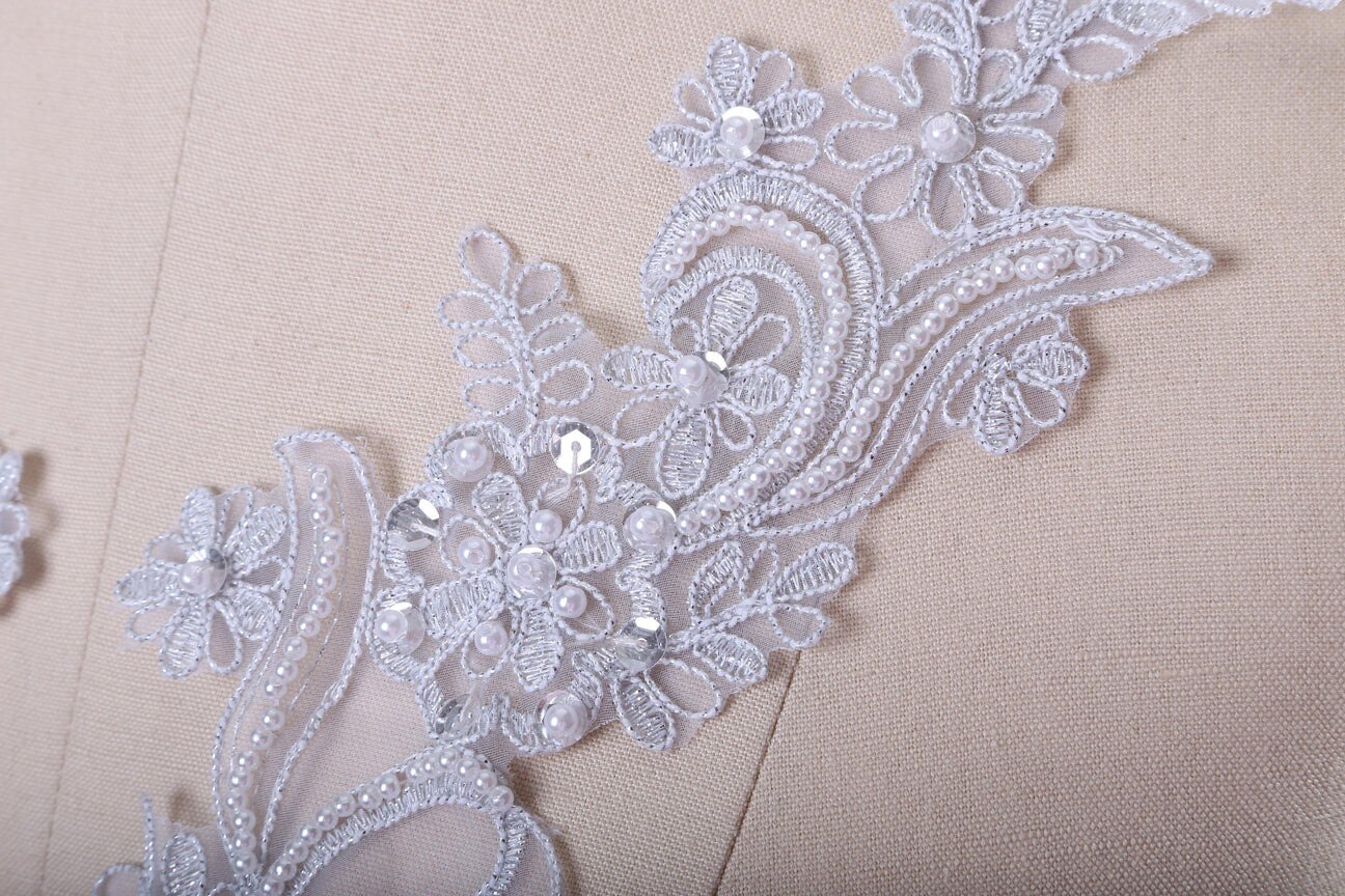 2 Pieces 22 Cm By 9 Cm Shimmery Silver Gray Lace Applique Set With Pearl And Sequin Details