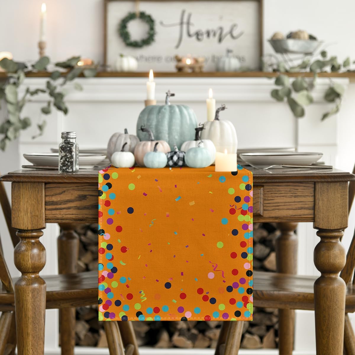Polka Dot Orange Happy Birthday Table Runner, Seasonal Fall Thanksgiving