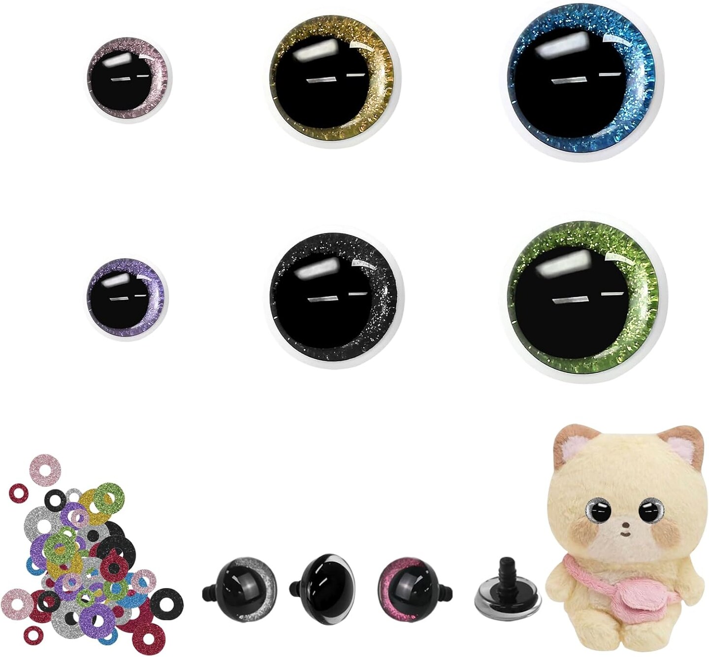 24pcs Glitter Safety Eyes for Amigurumi Crochet – 12–18mm 3D Sparkle Doll Eyes with Washers, Multicolor Stuffed Animal Eyes for DIY Crochet, Plush Toy & Craft Projects