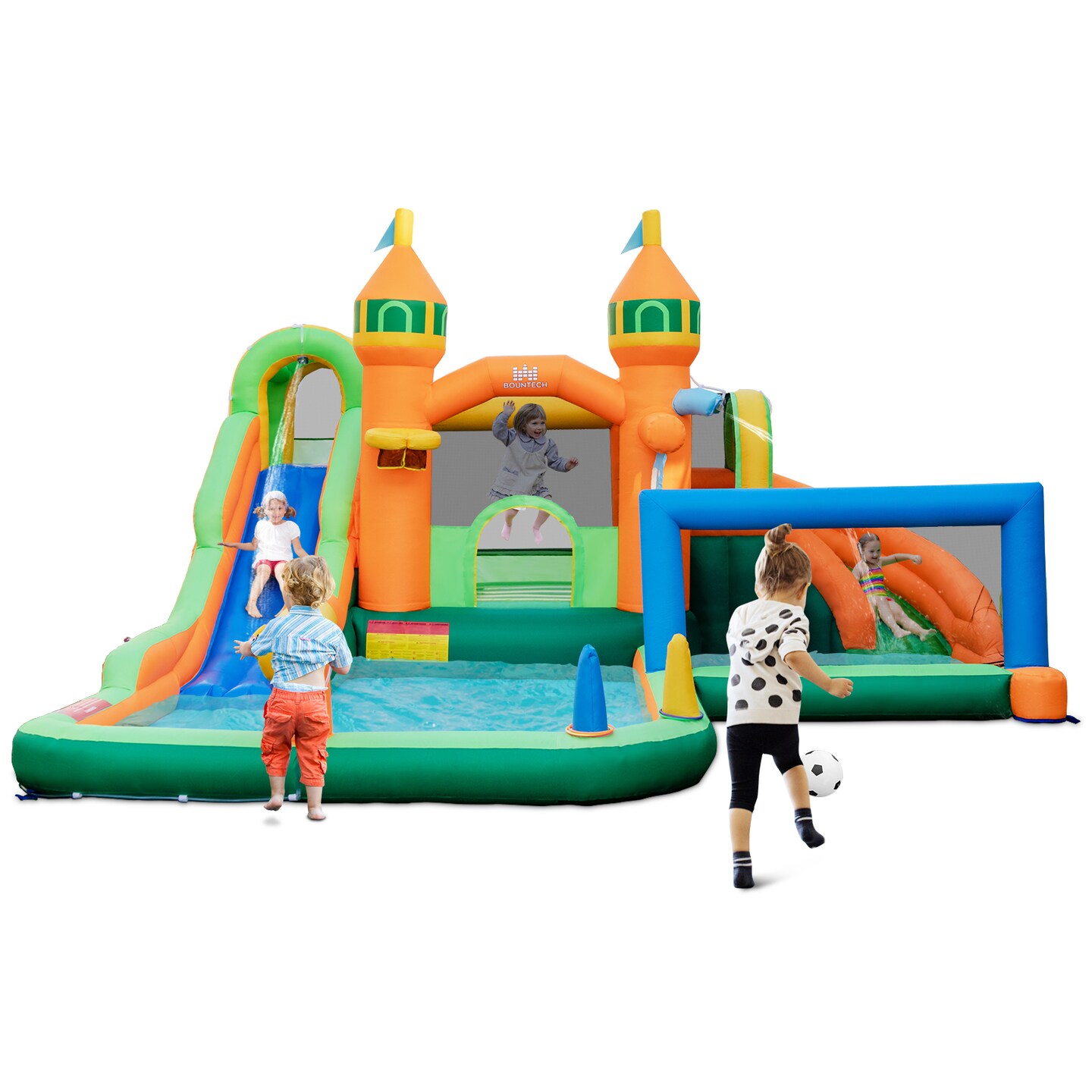 Multi-color Inflatable Water Park for Kids with Water Slide Basketball Hoop Soccer Game and Climbing Wall