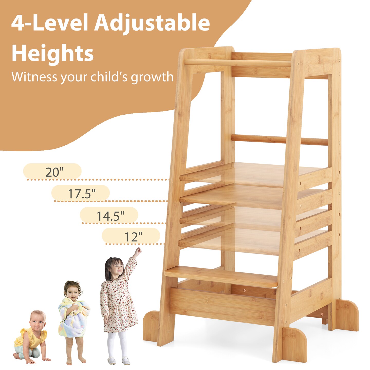 Adjustable Height Kids Kitchen Step Stool with Safety Rails and Sturdy Frame