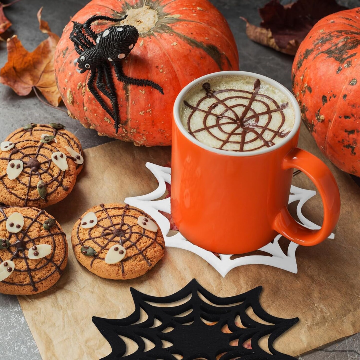 16 Pcs Felt Halloween Coasters - Black, White Spider Web