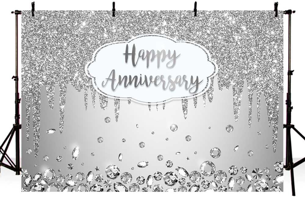 7x5ft Happy Anniversary Backdrop Silver Dripping Glitter Crystals