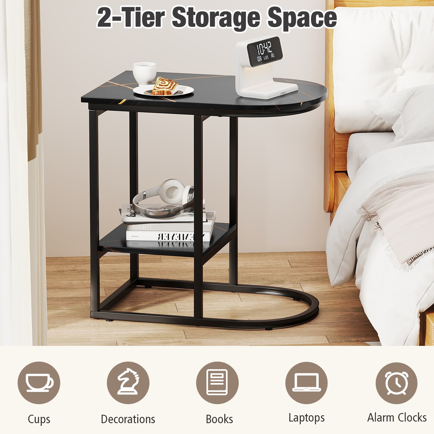 Modern C-shaped Side Table with Faux Marble Top and 2-Tier Storage Shelf