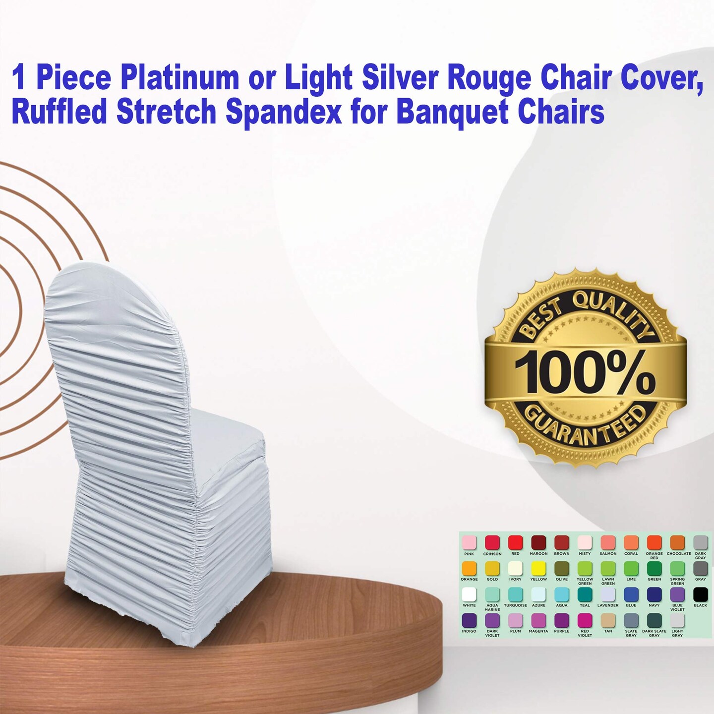 1 Piece Platinum or Light Silver Rouge Chair Cover, Ruffled Stretch Spandex for Banquet Chairs