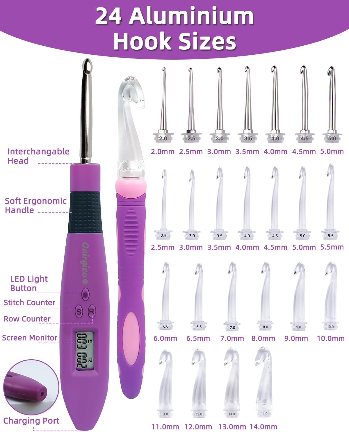 Light Up Crochet Hook Set with 24 Tips &#x26; Digital Counter - 24 Size with Light and Digital