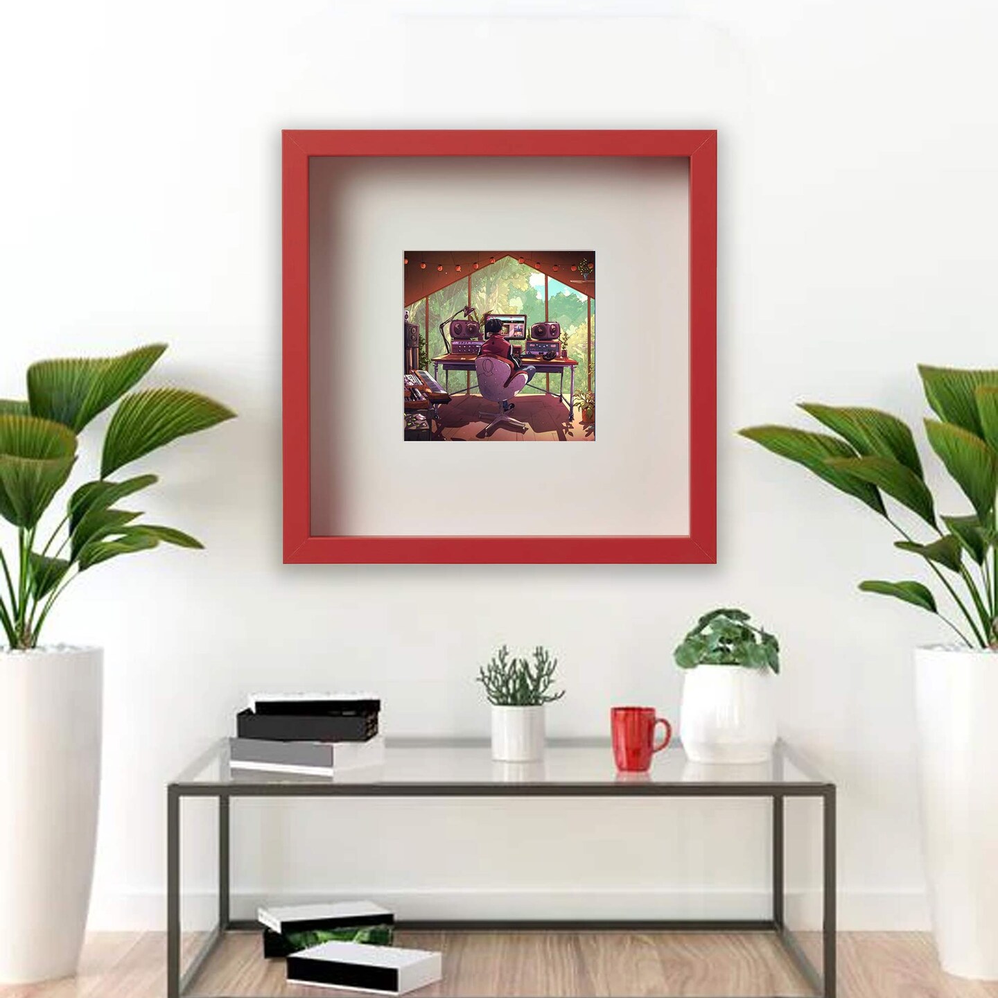 9 &#xBE;x9 &#xBE;&#x22; Red Frame with Acid-Free Mat &#x26; ALFTA Adhesive Hook &#x2013; Deep Design for Hanging or Standing