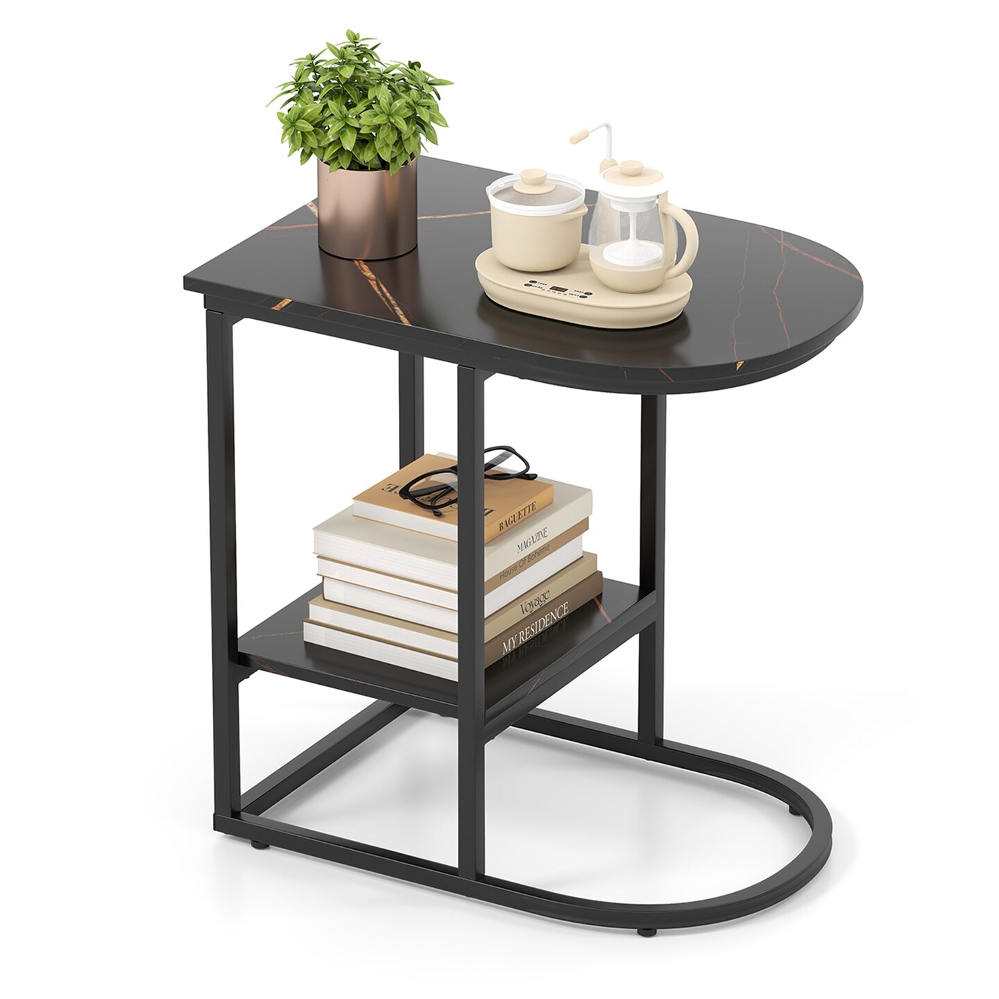 Modern C-shaped Side Table with Faux Marble Top and 2-Tier Storage Shelf