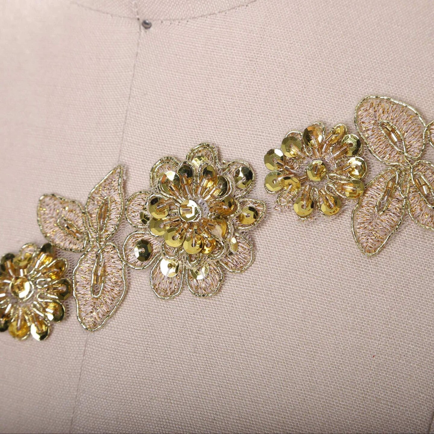 Gold Beaded 3D Flower Lace Trim 1.75 Inch Wide Leaf Design Half Yard