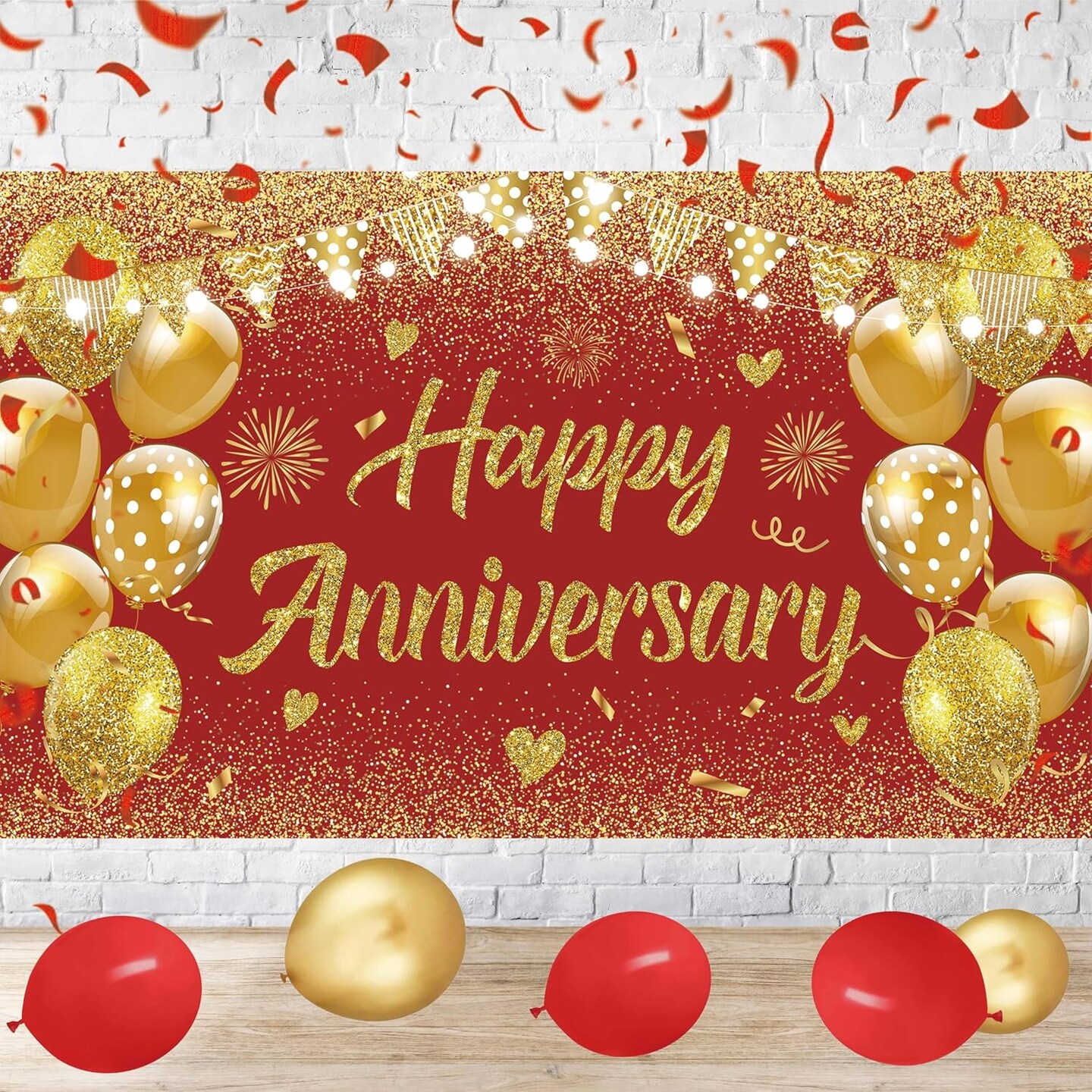 43 Inch-Wedding Anniversary Banner Red Gold Happy Decorations (Gold) 70.87 inches x 43.31 inches