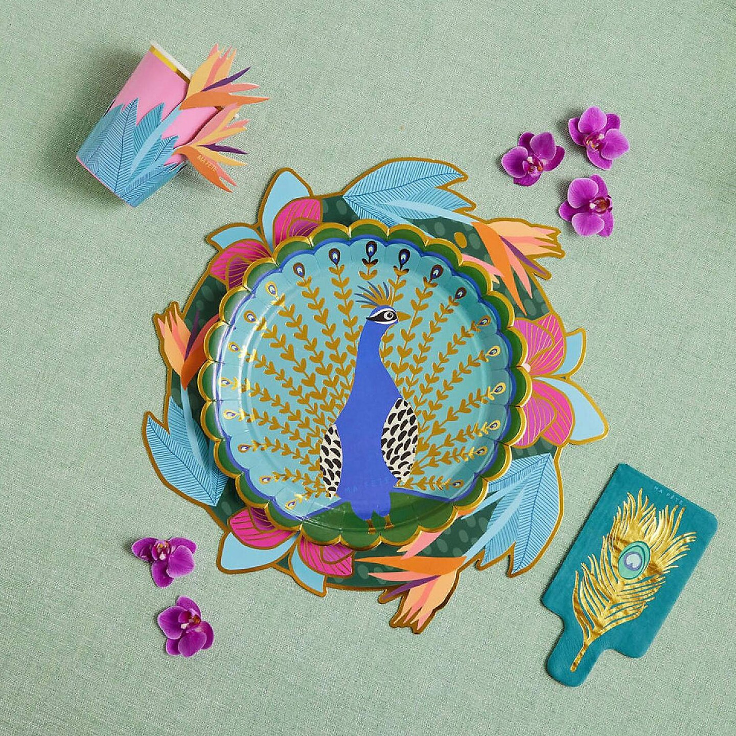8 Count Ma Fete Tropical Peacock Theme Paper Dinner Plates Gold Foil Edge 9 Inch