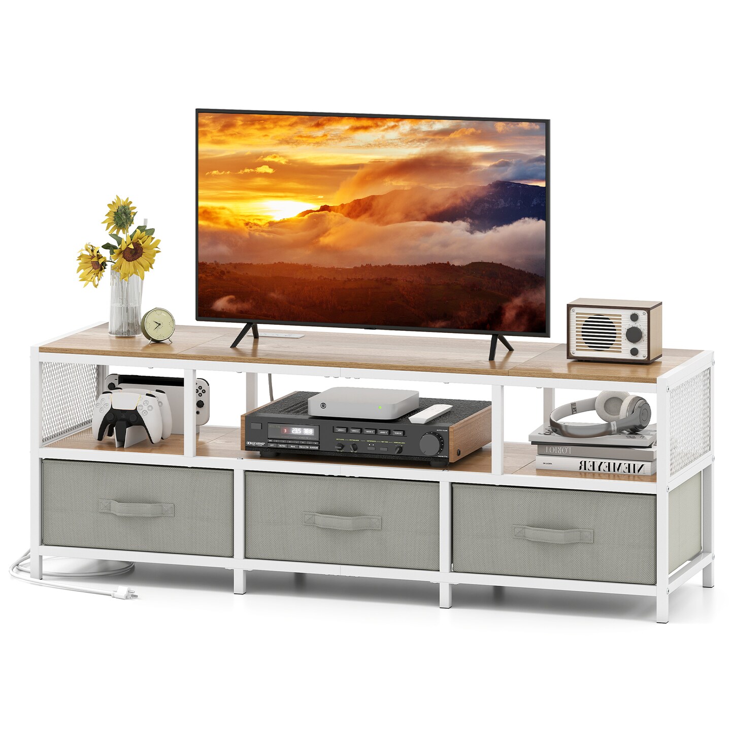 TV Stand with Charging Station, Metal Frame and Storage Drawers