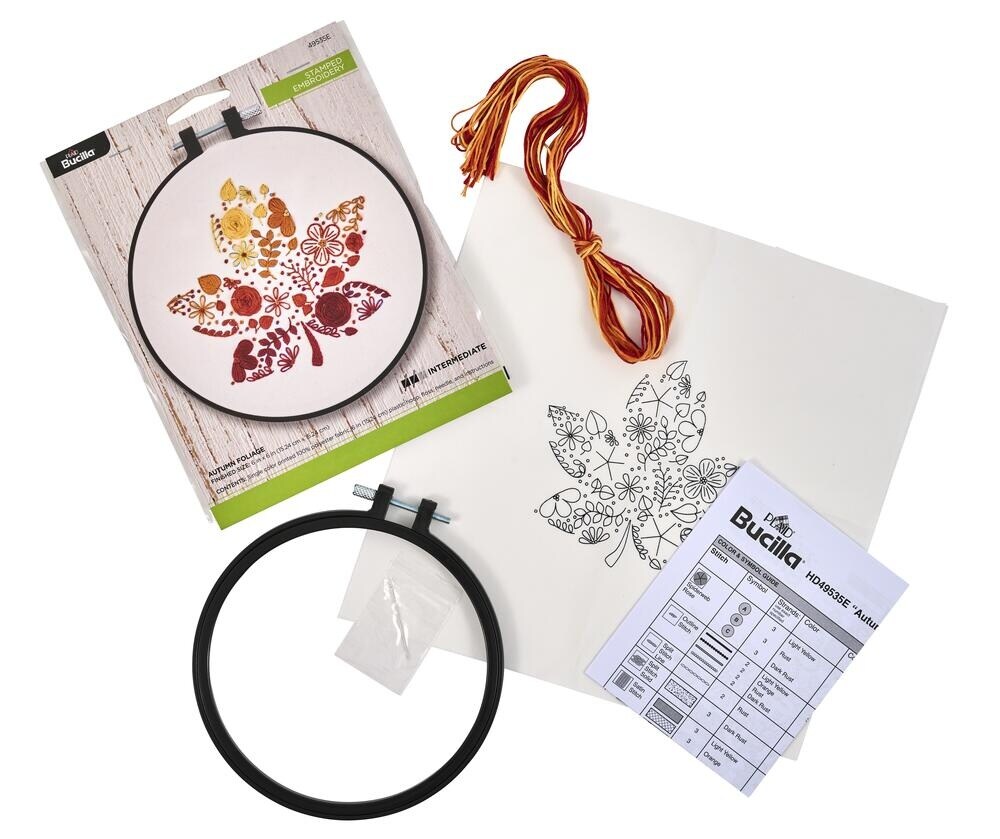 Bucilla Stamped Embroidery Kit W/6" Plastic Hoop-Autumn Foliage