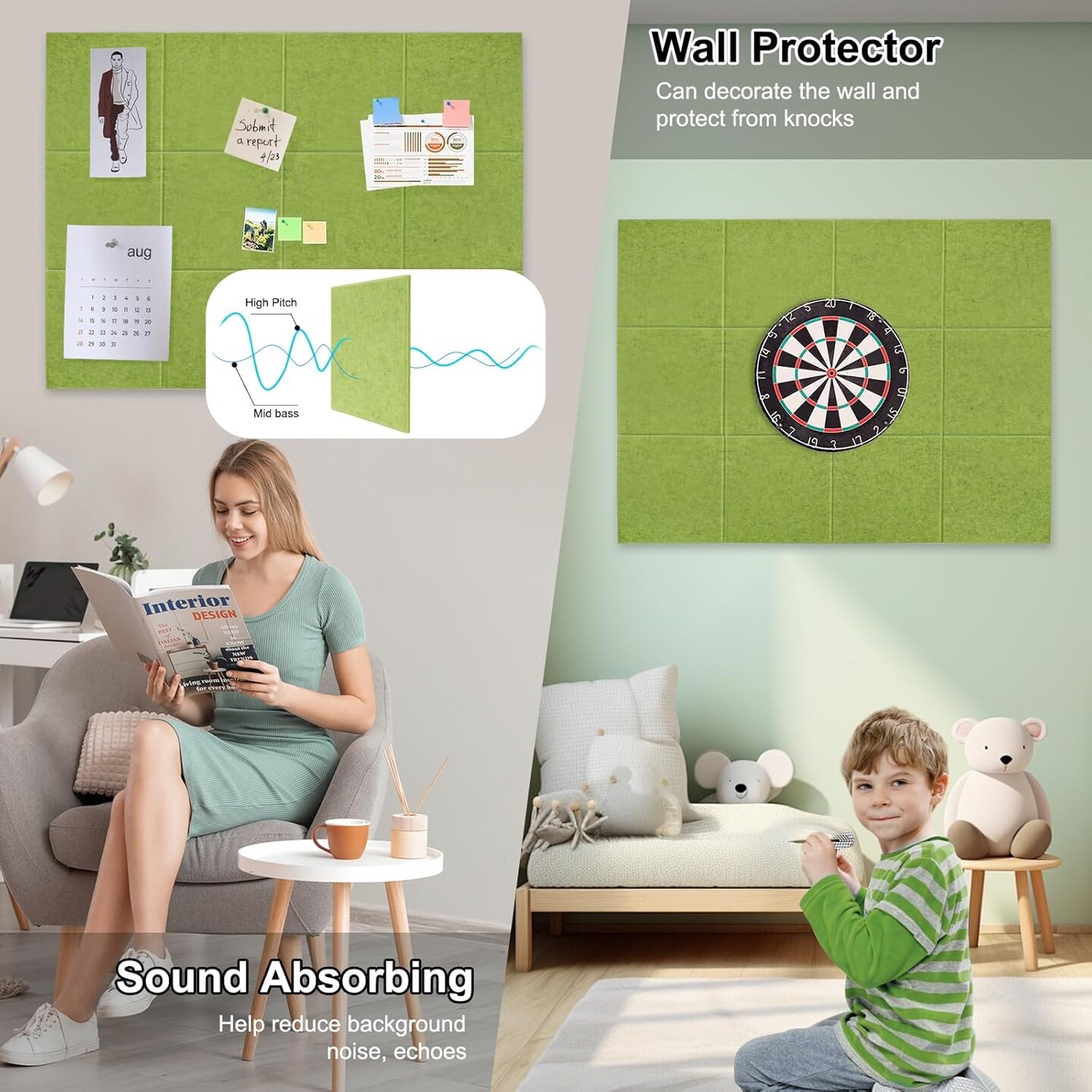 48"x36"-12 Pack Felt Wall Tiles with 35 Push Pins, Thicker 0.47in, Felt Bulletin Board (Matcha Green) 48" x 36" 12 Pack