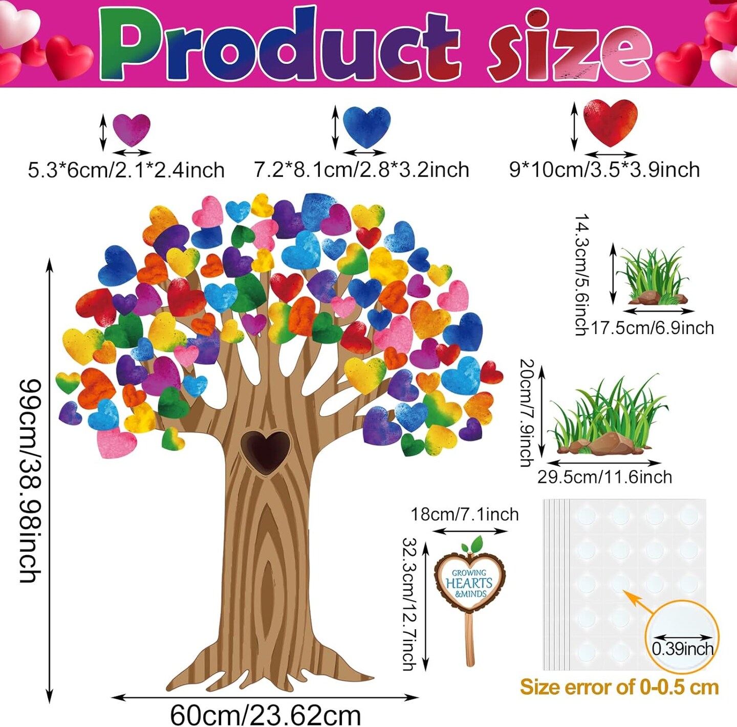 Classroom Tree Bulletin Board Decorations Set - Hearts (Watercolor)