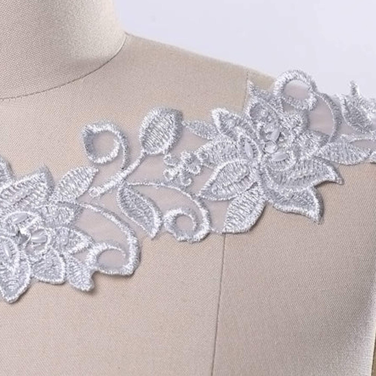 1 Yard 3 Inch Silver Beaded Floral Bridal Lace Trim on Organza