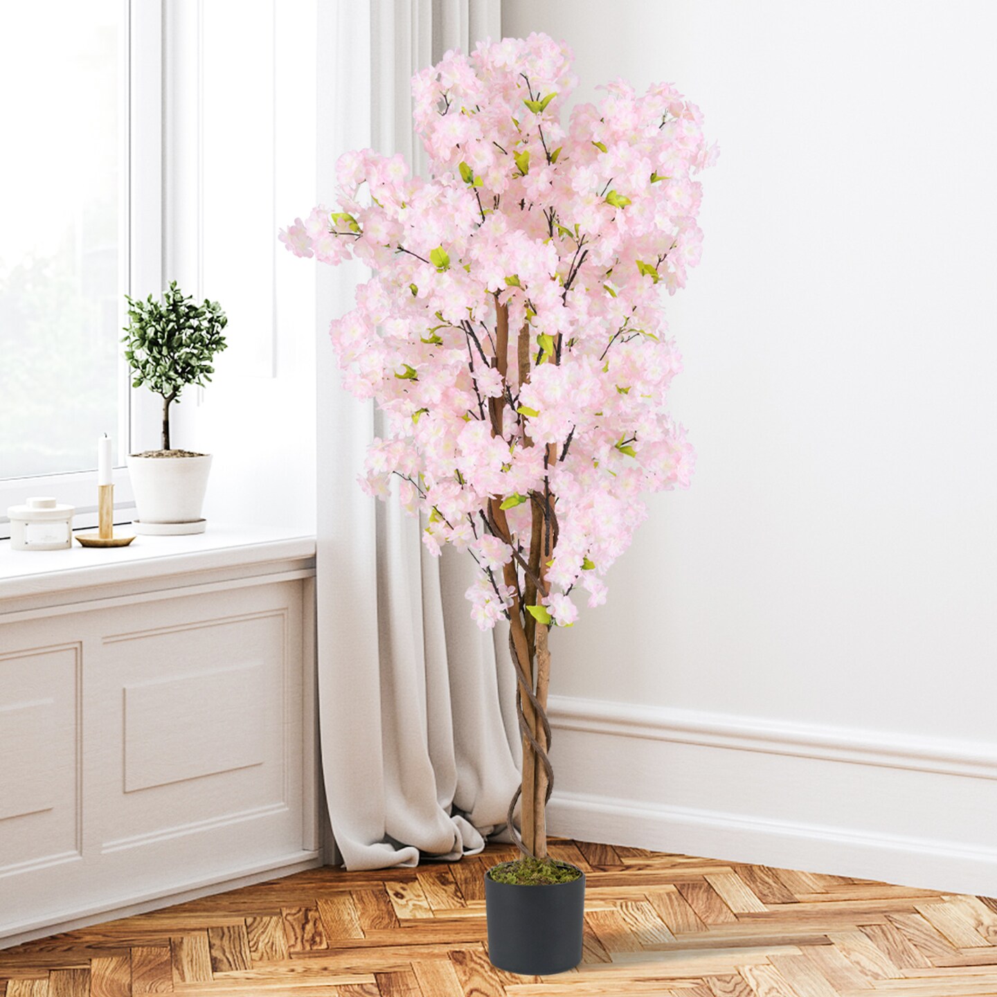 Pink Artificial Cherry Blossom Tree 59 inches with Polyester Flowers and Wood Trunk