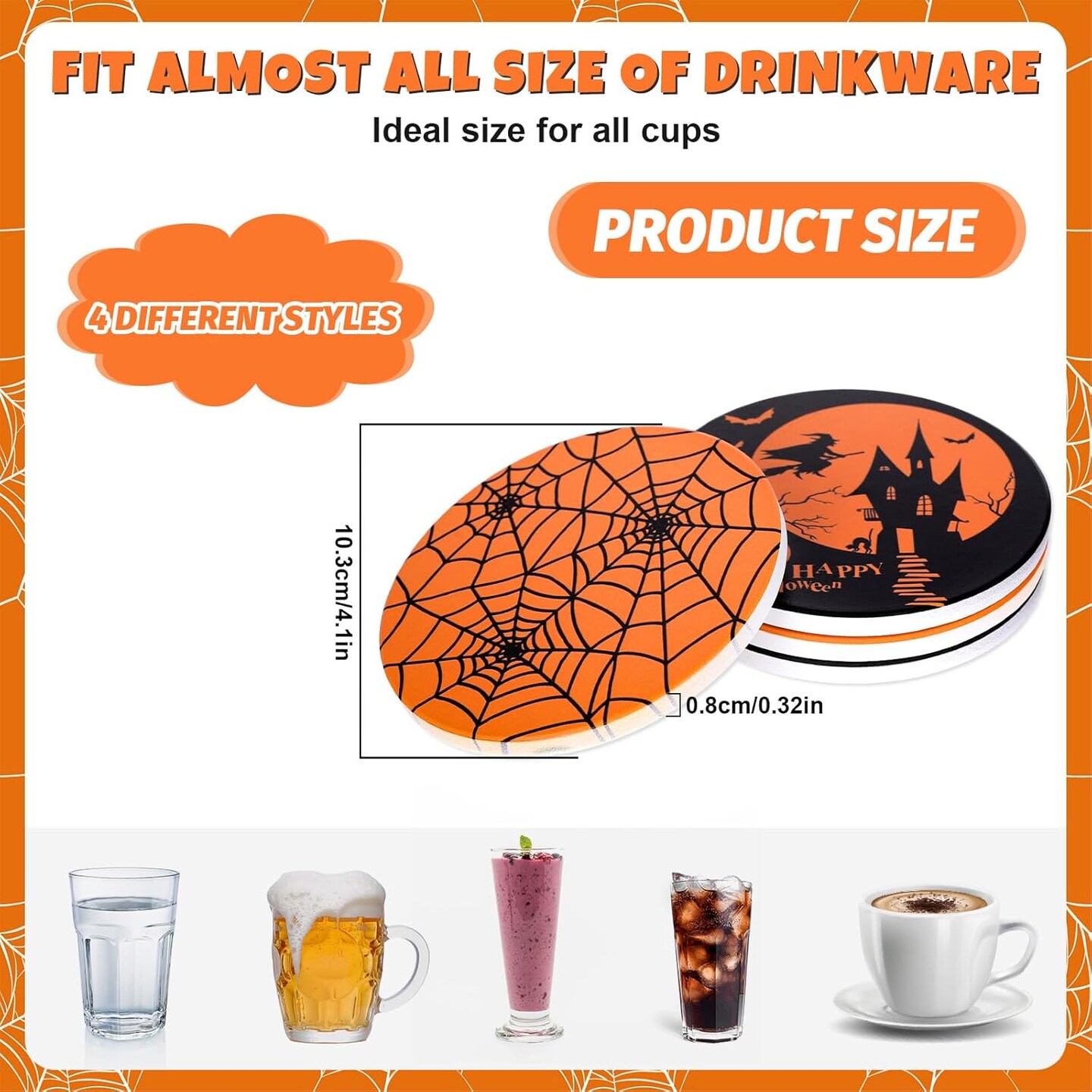 4Pcs Halloween Coasters Orange Black Round Ceramic Coaster Trick