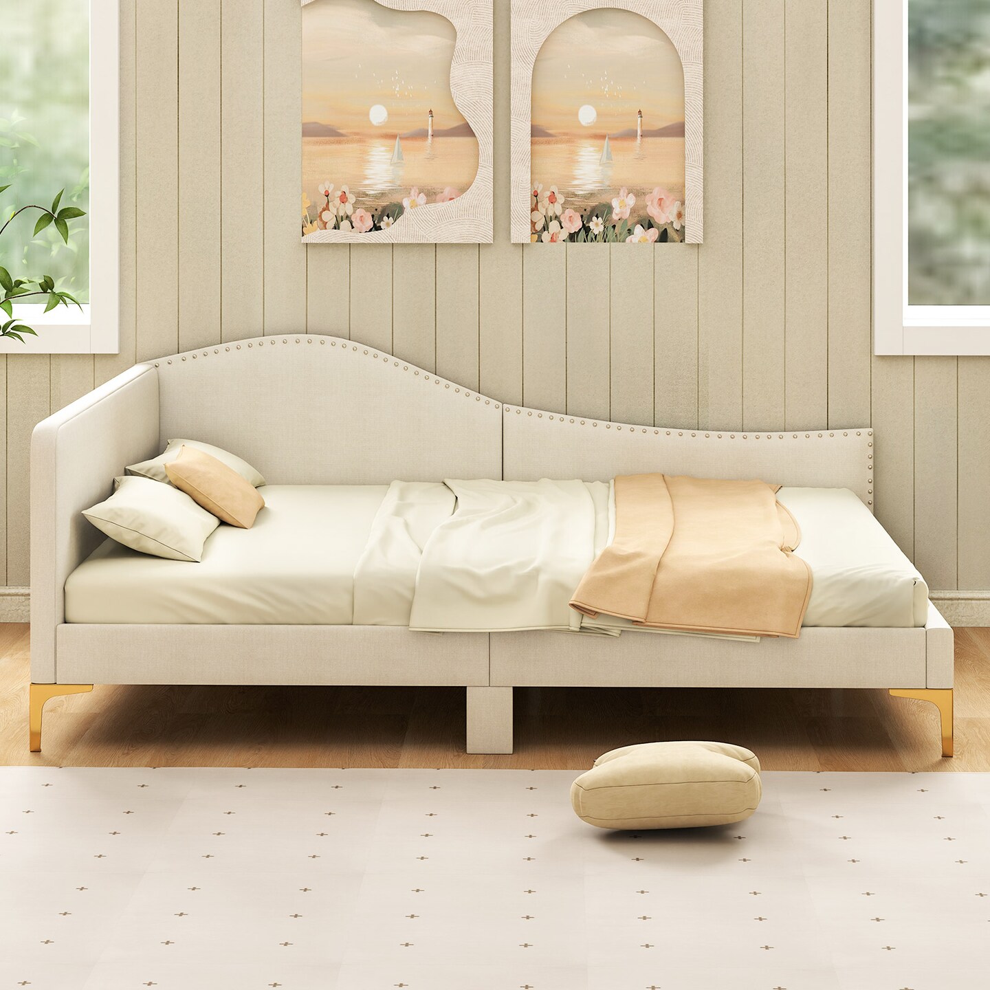 Beige Solid Wood Linen Fabric Daybed with Rivet Tufted Design