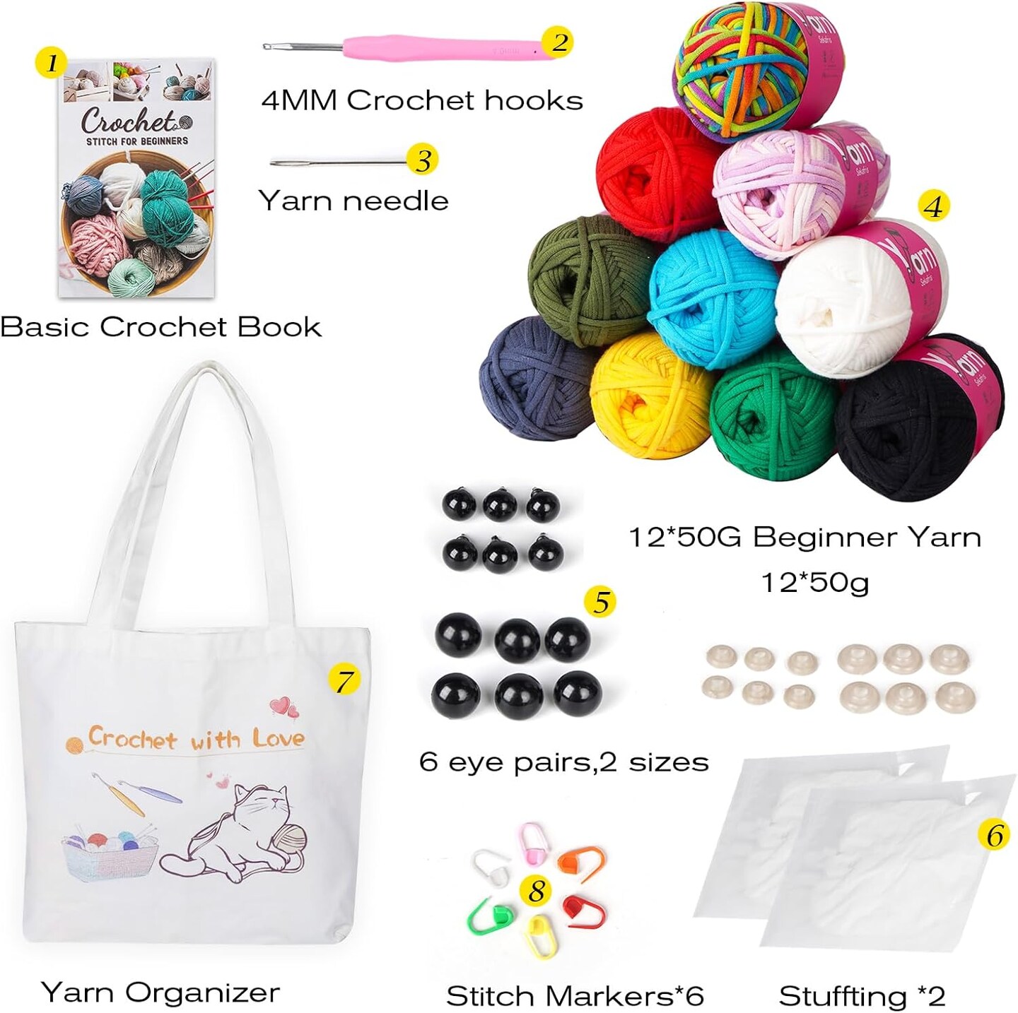 12-Pack Beginner Crochet Yarn Kit – Chunky Cotton & Accessories