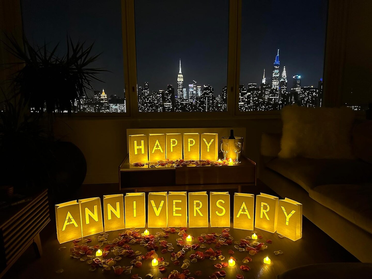 Happy Anniversary Decorations - Light-Up Letters with Tea Lights, Rose Petals & Luminary Bags (Multicolor)