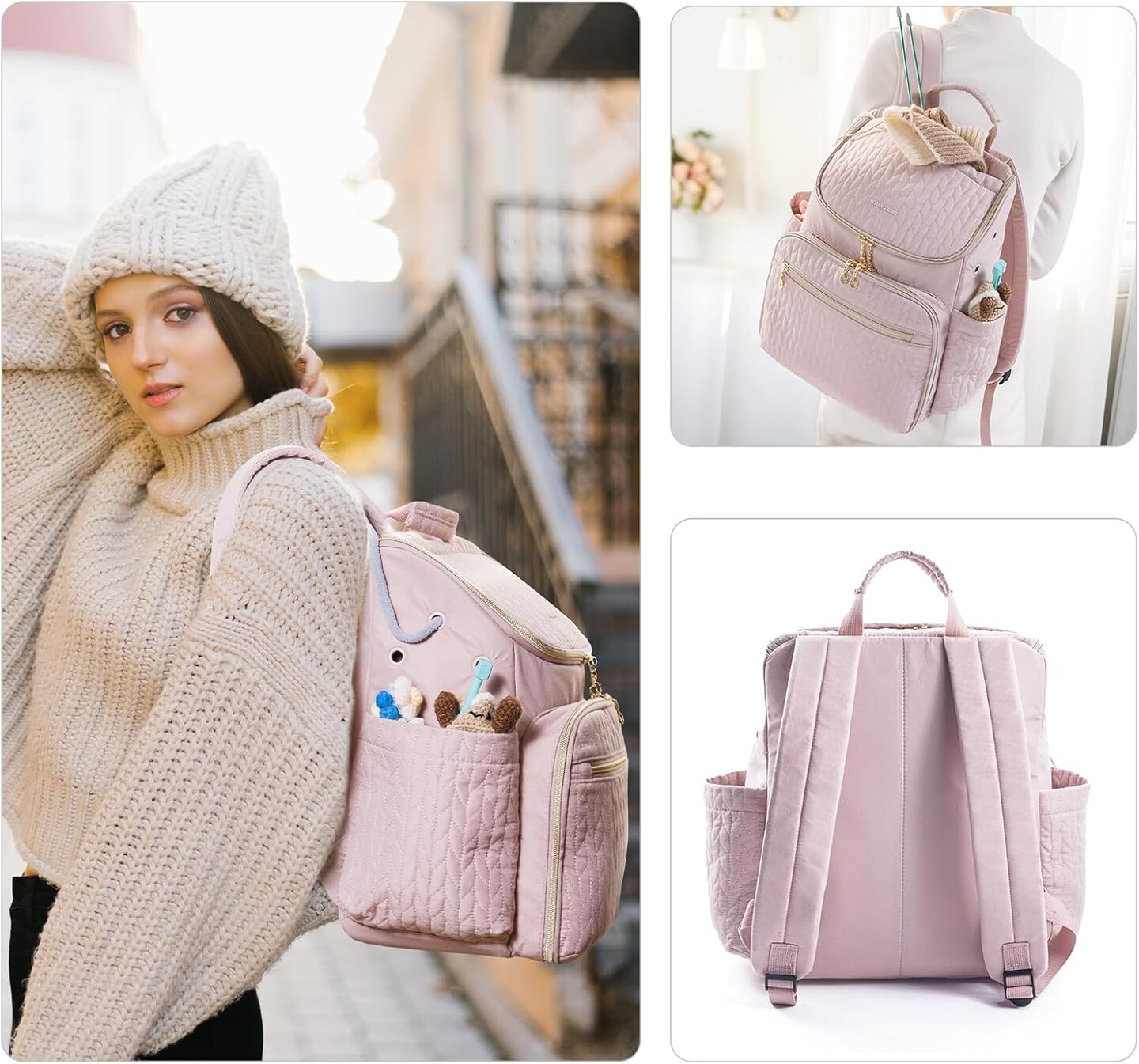 Knitting Bag Backpack, Large Crochet Backpack (PINK)