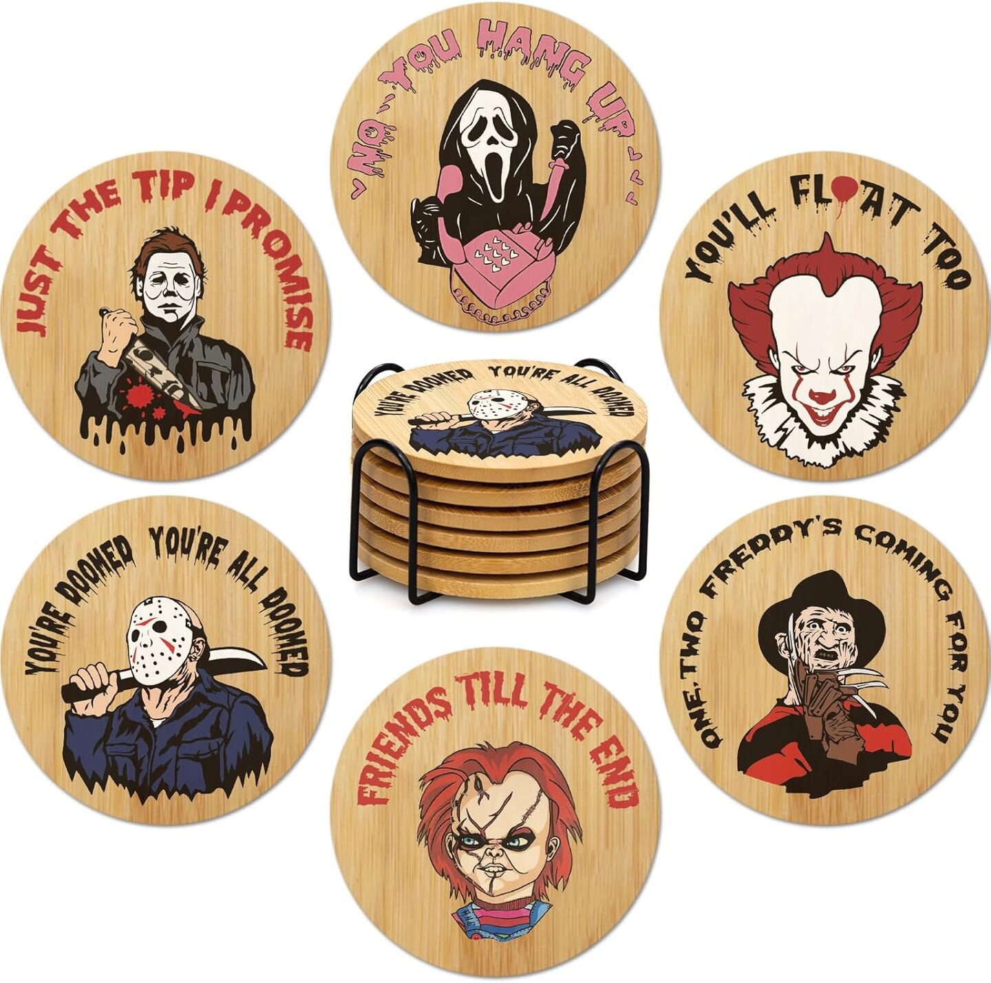 6Pcs Horror Movie Character Spooky Coasters Gift Set with Holder