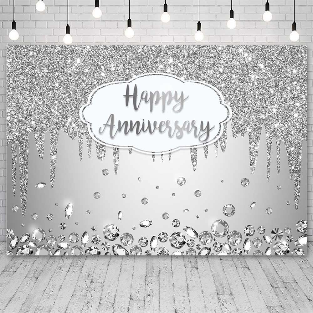 7x5ft Happy Anniversary Backdrop Silver Dripping Glitter Crystals