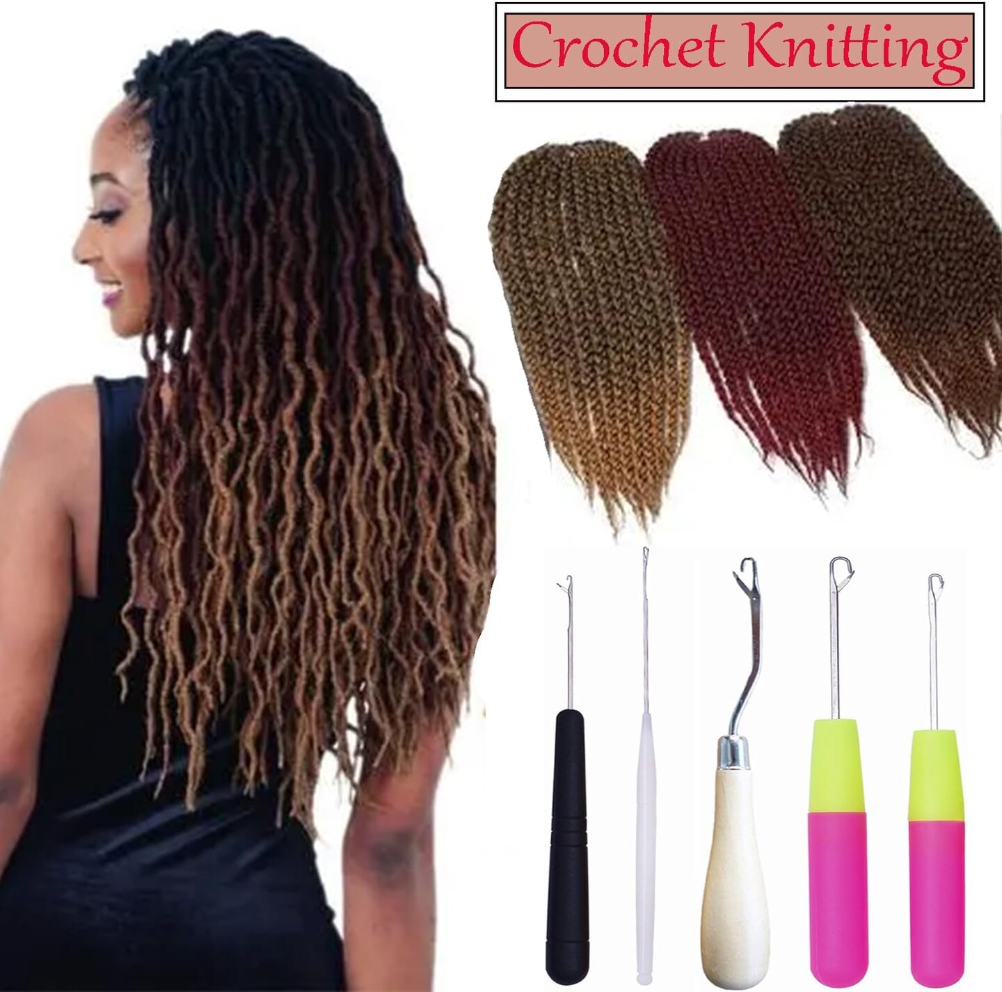 Pack of 5 Different Sizes Latch Hook Crochet Needle Hook Tools for Braid Hair (Black, Rose, White)