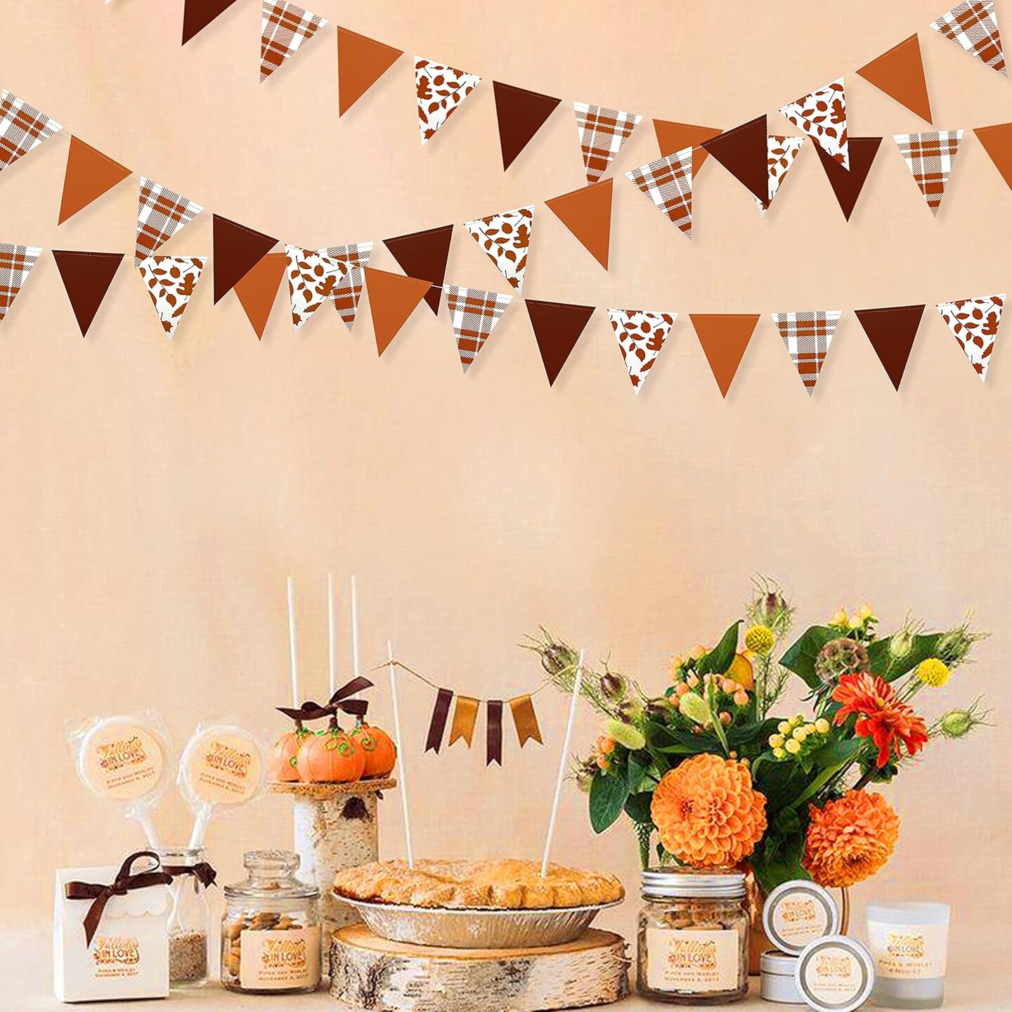 Fall Maple Leaf Pennant Banner - Triangle Hanging Bunting Flag for Thanksgiving Decorations, Autumn Birthday Party, Harvest Bridal Shower, and Pumpkin Theme Baby Shower