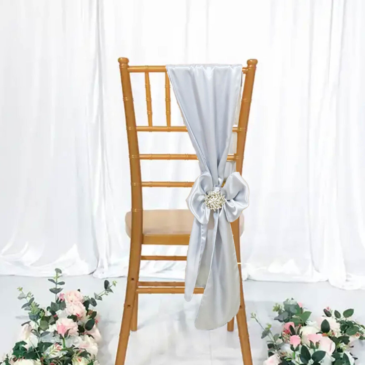 10 Pieces Satin Chair Sashes 8 by 108 inches Platinum or Light Silver