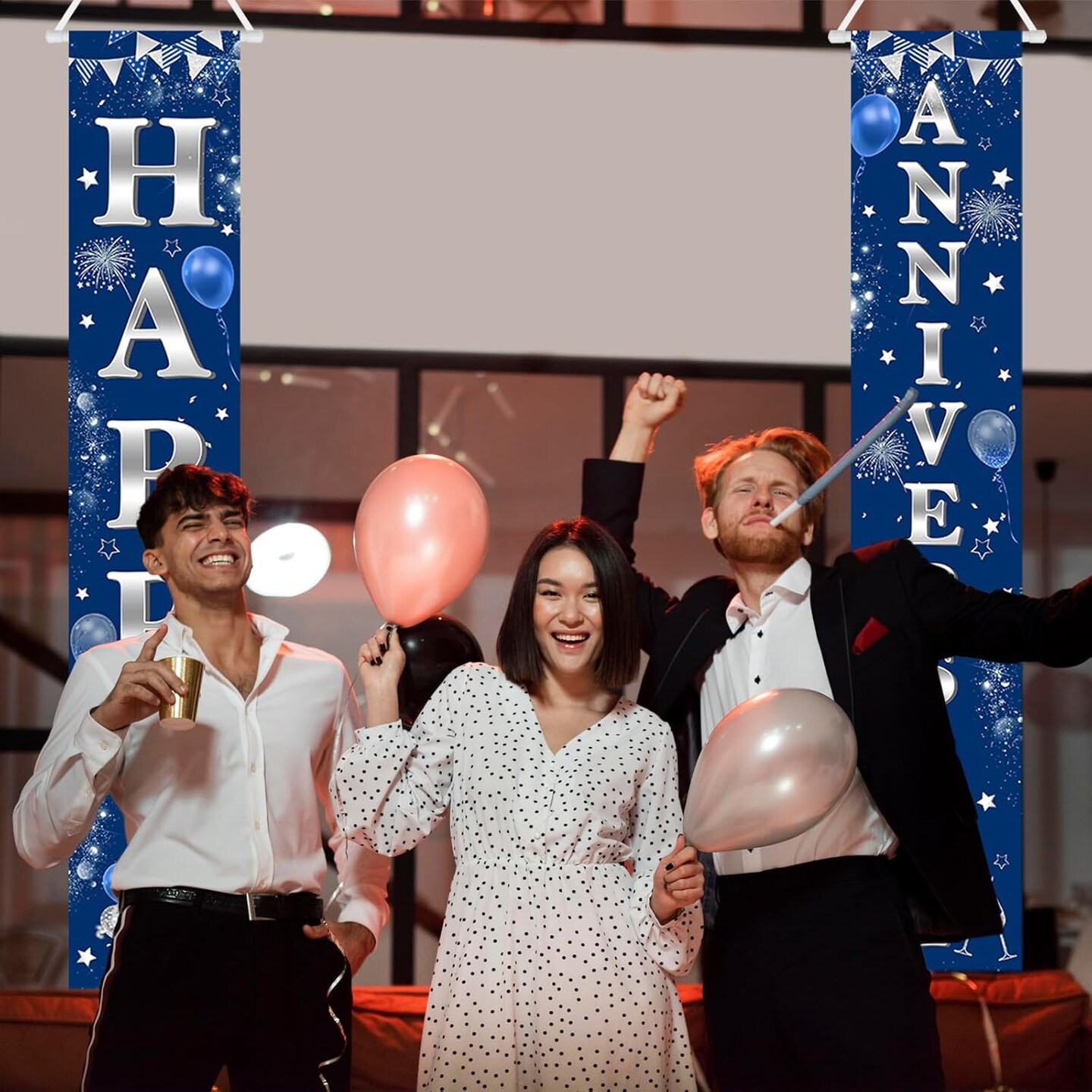 Happy Anniversary Door Banner Navy Blue and Silver Wedding Anniversary
