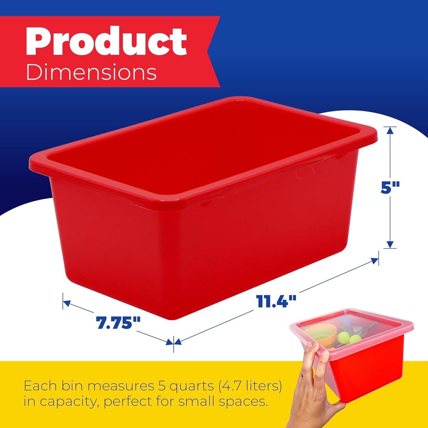4E's Novelty Plastic Storage Bins with Lids, 5 Qt, 3 Pack, Colorful Plastic Cubby Storage Bins, Stackable Organizer Cubbies for Classroom or Home (11.4" x 7.75" x 5")