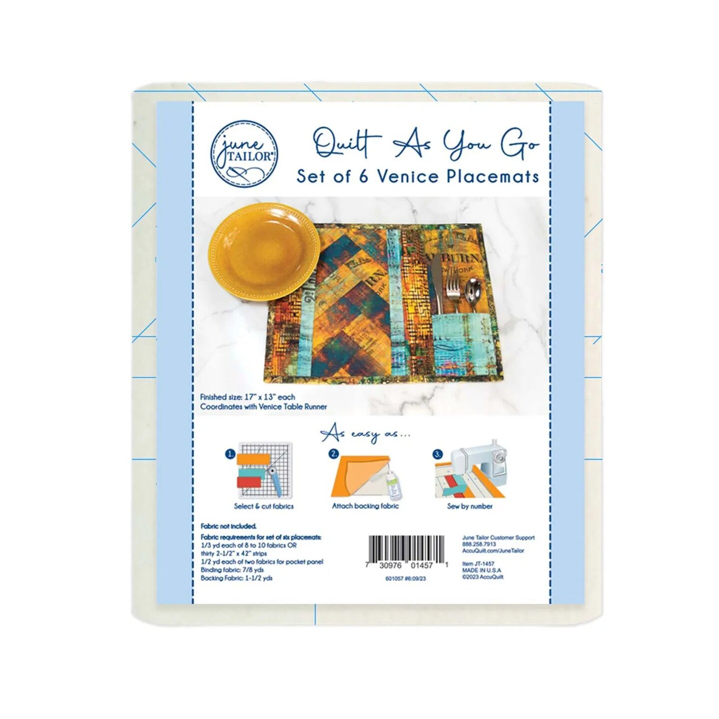 June Tailor Venice Placemats Quilt-As-You-Go Kit (6 Pack) – 17" x 14" Quilted Placemats