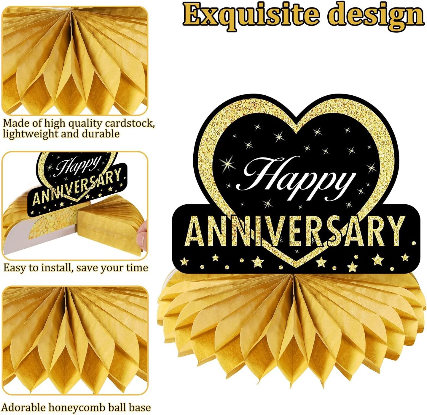 8pcs Happy Anniversary Honeycomb Table Centerpiece (Black, Gold)